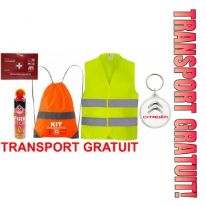 Set Kit siguranta auto cu saculet compact ce contine - Stingator spray 1kg, Trusa Medicala omolgata R.A.R, Vesta Reflectorizanta, Breloc Cadou CITROEN, compatibil cu orice autoturism.