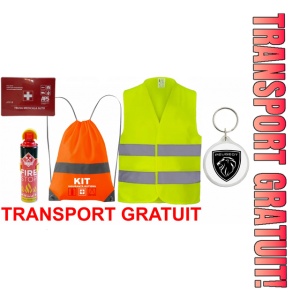 Set Kit siguranta auto cu saculet compact ce contine - Stingator spray 1kg, Trusa Medicala omolgata R.A.R, Vesta Reflectorizanta, Breloc Cadou PEUGEOT, compatibil cu orice autoturism.