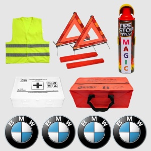 Set Kit siguranta auto omologat R.A.R, Stingator cu manometru 1kg P1 , Trusa Medicala, 2 Triunghiuri Reflectorizante, Stickere Cadou BMW, geanta color - ROSIE- kit compatibil cu orice autoturism - Img 2