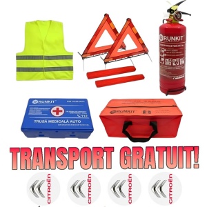 Set Kit siguranta auto omologat R.A.R, Stingator cu manometru 1kg P1 , Trusa Medicala, 2 Triunghiuri Reflectorizante, geanta color - albastra + Stickere Cadou Citroen- kit compatibil cu orice autoturism