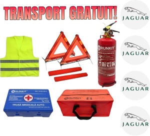 Set Kit siguranta auto omologat R.A.R, Stingator cu manometru 1kg P1 , Trusa Medicala, 2 Triunghiuri Reflectorizante, geanta color - albastra + Stickere Cadou JAGUAR- kit compatibil cu orice autoturism