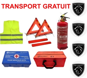 Set Kit siguranta auto omologat R.A.R, Stingator cu manometru 1kg P1 , Trusa Medicala, 2 Triunghiuri Reflectorizante, geanta color - albastra + Stickere Cadou PEUGEOT- kit compatibil cu orice autoturism