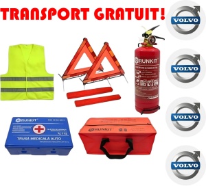 Set Kit siguranta auto omologat R.A.R, Stingator cu manometru 1kg P1 , Trusa Medicala, 2 Triunghiuri Reflectorizante, geanta color - albastra + Stickere Cadou VOLVO- kit compatibil cu orice autoturism