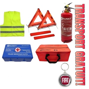 Set Kit siguranta auto omologat R.A.R, Stingator cu manometru 1kg P1 , Trusa Medicala, 2 Triunghiuri Reflectorizante, geanta color - albastra + Breloc Cadou FIAT- kit compatibil cu orice autoturism