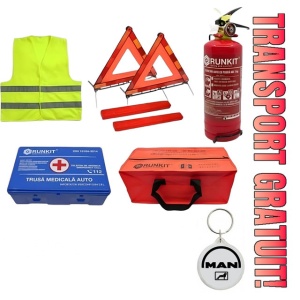 Set Kit siguranta auto omologat R.A.R, Stingator cu manometru 1kg P1 , Trusa Medicala, 2 Triunghiuri Reflectorizante, geanta color - albastra + Breloc Cadou MAN- kit compatibil cu orice autoturism