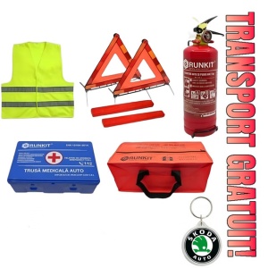 Set Kit siguranta auto omologat R.A.R, Stingator cu manometru 1kg P1 , Trusa Medicala, 2 Triunghiuri Reflectorizante, geanta color - albastra + Breloc Cadou SKODA- kit compatibil cu orice autoturism