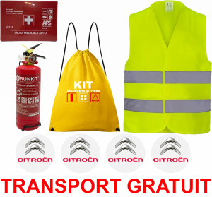 Set Kit siguranta auto OMOLOGAT RAR cu saculet compact ce contine - Stingator cu manometru P1 1kg, Trusa Medicala , Vesta Reflectorizanta, Stickere Cadou CITROEN . Compatibil cu orice autoturism. accesorii pentru autoturismul tau - masina v68000