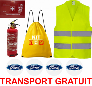 Set Kit siguranta auto OMOLOGAT RAR cu saculet compact ce contine - Stingator cu manometru P1 1kg, Trusa Medicala , Vesta Reflectorizanta, Stickere Cadou FORD. Compatibil cu orice autoturism. accesorii pentru autoturismul tau - masina v67980