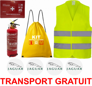 Set Kit siguranta auto OMOLOGAT RAR cu saculet compact ce contine - Stingator cu manometru P1 1kg, Trusa Medicala , Vesta Reflectorizanta, Stickere Cadou JAGUAR. Compatibil cu orice autoturism. accesorii pentru autoturismul tau - masina v67960