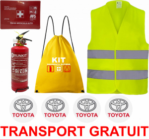 Set Kit siguranta auto OMOLOGAT RAR cu saculet compact ce contine - Stingator cu manometru P1 1kg, Trusa Medicala , Vesta Reflectorizanta, Stickere Cadou TOYOTA. Compatibil cu orice autoturism. accesorii pentru autoturismul tau - masina v67880
