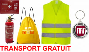Set Kit siguranta auto OMOLOGAT RAR cu saculet compact ce contine - Stingator cu manometru P1 1kg, Trusa Medicala , Vesta Reflectorizanta, Breloc Cadou FIAT. Compatibil cu orice autoturism. accesorii pentru autoturismul tau - masina v67840