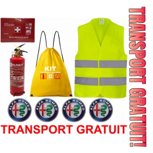 Set Kit siguranta auto OMOLOGAT RAR cu saculet compact ce contine - Stingator cu manometru P1 1kg, Trusa Medicala , Vesta Reflectorizanta, Stickere Cadou ALFA ROMEO. Compatibil cu orice autoturism.