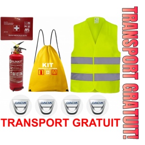 Set Kit siguranta auto OMOLOGAT RAR cu saculet compact ce contine - Stingator cu manometru P1 1kg, Trusa Medicala , Vesta Reflectorizanta, Stickere Cadou DACIA. Compatibil cu orice autoturism.