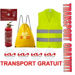 Set Kit siguranta auto OMOLOGAT RAR cu saculet compact ce contine - Stingator cu manometru P1 1kg, Trusa Medicala , Vesta Reflectorizanta, Stickere Cadou KIA. Compatibil cu orice autoturism.