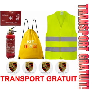 Set Kit siguranta auto OMOLOGAT RAR cu saculet compact ce contine - Stingator cu manometru P1 1kg, Trusa Medicala , Vesta Reflectorizanta, Stickere Cadou PORSCHE. Compatibil cu orice autoturism.