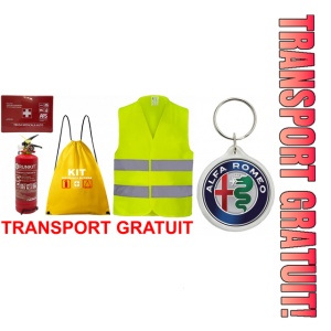 Set Kit siguranta auto OMOLOGAT RAR cu saculet compact ce contine - Stingator cu manometru P1 1kg, Trusa Medicala , Vesta Reflectorizanta, Breloc Cadou ALFA ROMEO . Compatibil cu orice autoturism.