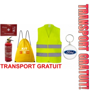 Set Kit siguranta auto OMOLOGAT RAR cu saculet compact ce contine - Stingator cu manometru P1 1kg, Trusa Medicala , Vesta Reflectorizanta, Breloc Cadou FORD. Compatibil cu orice autoturism.