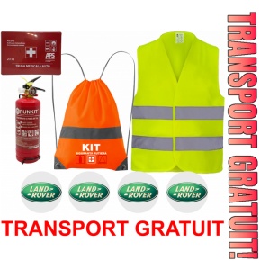 Set Kit siguranta auto OMOLOGAT RAR cu saculet compact ce contine - Stingator cu manometru P1 1kg, Trusa Medicala , Vesta Reflectorizanta, Stickere Cadou LAND ROVER. Compatibilitate cu orice autoturism