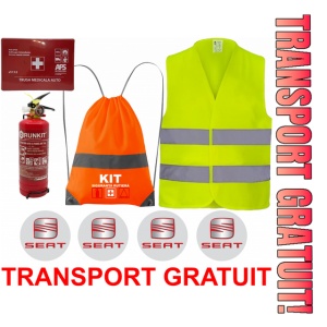 Set Kit siguranta auto OMOLOGAT RAR cu saculet compact ce contine - Stingator cu manometru P1 1kg, Trusa Medicala , Vesta Reflectorizanta, Stickere Cadou SEAT. Compatibilitate cu orice autoturism