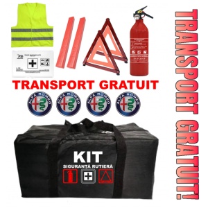 Set Kit - Trusa siguranta auto omologat R.A.R, Stingator cu manometru 1kg P1 , Trusa Medicala, 2 Triunghiuri Reflectorizante , 4 stickere autoadezive Alfa Romeo