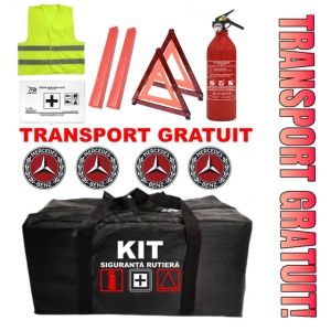 Set Kit - Trusa siguranta auto omologat R.A.R, Stingator cu manometru 1kg P1 , Trusa Medicala, 2 Triunghiuri Reflectorizante , 4 stickere autoadezive MERCEDES