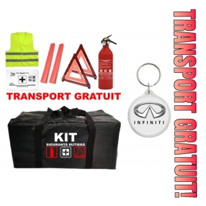Set Kit - Trusa siguranta auto omologat R.A.R, Stingator cu manometru 1kg P1 , Trusa Medicala, 2 Triunghiuri Reflectorizante , 1 Breloc INFINITI