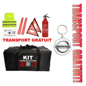 Set Kit - Trusa siguranta auto omologat R.A.R, Stingator cu manometru 1kg P1 , Trusa Medicala, 2 Triunghiuri Reflectorizante , 1 Breloc NISSAN