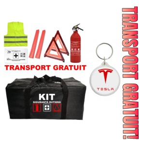 Set Kit - Trusa siguranta auto omologat R.A.R, Stingator cu manometru 1kg P1 , Trusa Medicala, 2 Triunghiuri Reflectorizante , 1 Breloc TESLA