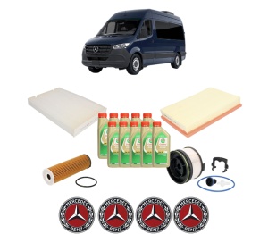 Set Pachet filtre revizie Bosch, 10 litrii ulei Castrol 5W30 MERCEDES-BENZ SPRINTER 3,5-t Van (B907, B910) 315 CDI RWD (907.631, 907.633, 907.635, 907.637) din 2020, 4x Stickere auto cu MERCEDES-BENZ - Img 2
