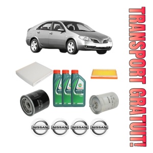 Set Pachet filtre revizie Bosch, 3 litrii ulei Castrol 10W40 NISSAN PRIMERA (P12) 1.6 din 2002-2006, 4x Stickere auto cu NISSAN