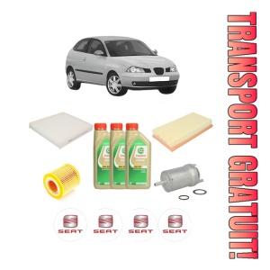 Set Pachet filtre revizie Bosch, 3 litrii ulei Castrol 5W30 SEAT IBIZA III (6L1) 1.2 din 2002-2006, 4x Stickere auto cu SEAT