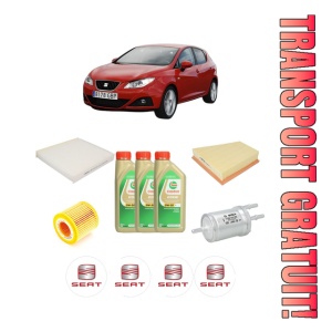 Set Pachet filtre revizie Bosch, 3 litrii ulei Castrol 5W30 SEAT IBIZA IV Hatchback Van (6J1) 1.2 din 2008-2015, 4x Stickere auto cu SEAT