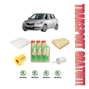 Set Pachet filtre revizie Bosch, 3 litrii ulei Castrol 5W30 SKODA FABIA II (542) 1.2 12V din 2011-2014, 4x Stickere auto cu SKODA