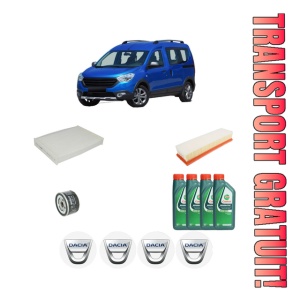 Set Pachet filtre revizie Bosch, 4 litrii ulei Castrol 10W40 DACIA DOKKER MPV (KE_) 1.6 din 2012-2015, 4x Stickere auto cu DACIA
