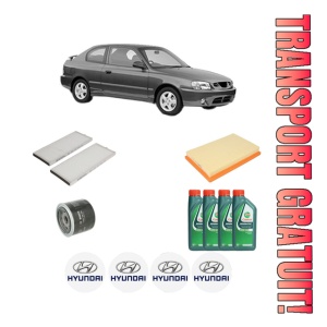 Set Pachet filtre revizie Bosch, 4 litrii ulei Castrol 10W40 HYUNDAI ACCENT II (LC) 1.6 din 2002-2005, 4x Stickere auto cu HYUNDAI