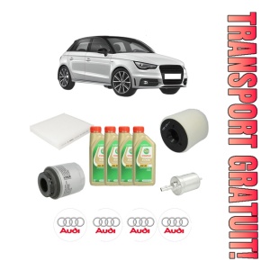 Set Pachet filtre revizie Bosch, 4 litrii ulei Castrol 5W30 AUDI A1 Sportback (8XA, 8XF) 1.4 TFSI din 2011-2015, 4x Stickere auto cu AUDI