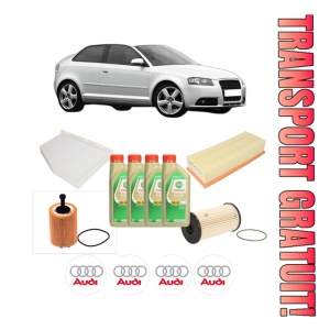Set Pachet filtre revizie Bosch, 4 litrii ulei Castrol 5W30 AUDI A3 (8P1) 2.0 TDI 16V din 2003-2012, 4x Stickere auto cu AUDI
