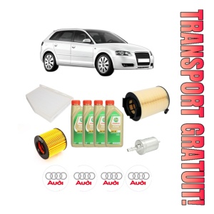 Set Pachet filtre revizie Bosch, 4 litrii ulei Castrol 5W30 AUDI A3 Sportback (8PA) 1.4 TFSI din 2007-2013, 4x Stickere auto cu AUDI