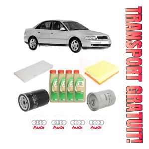 Set Pachet filtre revizie Bosch, 4 litrii ulei Castrol 5W30 AUDI A4 B5 (8D2) 1.6 din 2000, 4x Stickere auto cu AUDI