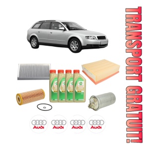 Set Pachet filtre revizie Bosch, 4 litrii ulei Castrol 5W30 AUDI A4 B6 Avant (8E5) 1.9 TDI din 2001-2004, 4x Stickere auto cu AUDI