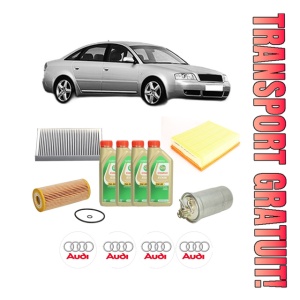 Set Pachet filtre revizie Bosch, 4 litrii ulei Castrol 5W30 AUDI A6 C5 (4B2, 4B4) 1.9 TDI din 2001-2005, 4x Stickere auto cu AUDI