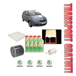Set Pachet filtre revizie Bosch, 4 litrii ulei Castrol 5W30 SKODA FABIA II Combi (545) 1.4 din 2007-2014, 4x Stickere auto cu SKODA
