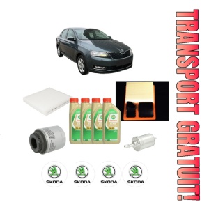 Set Pachet filtre revizie Bosch, 4 litrii ulei Castrol 5W30 SKODA RAPID (NH3, NK3, NK6) 1.6 din 2012-2015, 4x Stickere auto cu SKODA