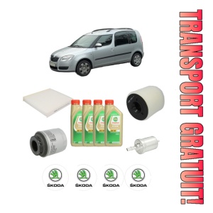 Set Pachet filtre revizie Bosch, 4 litrii ulei Castrol 5W30 SKODA ROOMSTER Praktik (5J) 1.2 TSI din 2010-2015, 4x Stickere auto cu SKODA