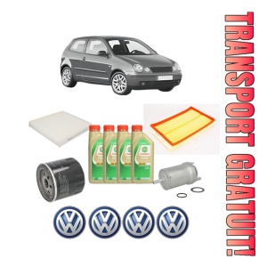 Set Pachet filtre revizie Bosch, 4 litrii ulei Castrol 5W30 Volkswagen POLO IV (9N_, 9A_) 1.4 16V din 2001-2008, 4x Stickere auto cu Volkswagen