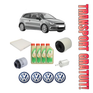 Set Pachet filtre revizie Bosch, 4 litrii ulei Castrol 5W30 Volkswagen POLO V (6R1, 6C1) 1.4 GTI din 2010-2014, 4x Stickere auto cu Volkswagen