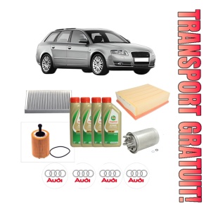 Set Pachet filtre revizie Bosch, 4 litrii ulei Castrol 5W40 AUDI A4 B7 Avant (8ED) 2.0 TDI din 2004-2008, 4x Stickere auto cu AUDI