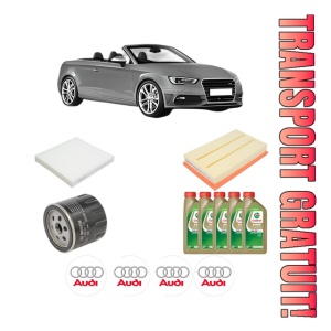 Set Pachet filtre revizie Bosch, 5 litrii ulei Castrol 0W20 AUDI A3 Convertible (8V7, 8VE) 1.5 TFSI din 2017-2018, 4x Stickere auto cu AUDI