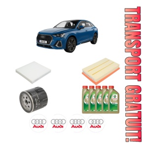 Set Pachet filtre revizie Bosch, 5 litrii ulei Castrol 0W20 AUDI Q3 Sportback (F3N) 35 TFSI din 2019, 4x Stickere auto cu AUDI