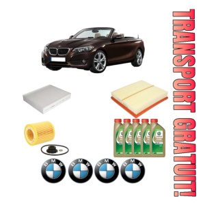 Set Pachet filtre revizie Bosch, 5 litrii ulei Castrol 0W20 BMW Seria 2 Convertible (F23) 228 i din 2014-2016, 4x Stickere auto cu BMW
